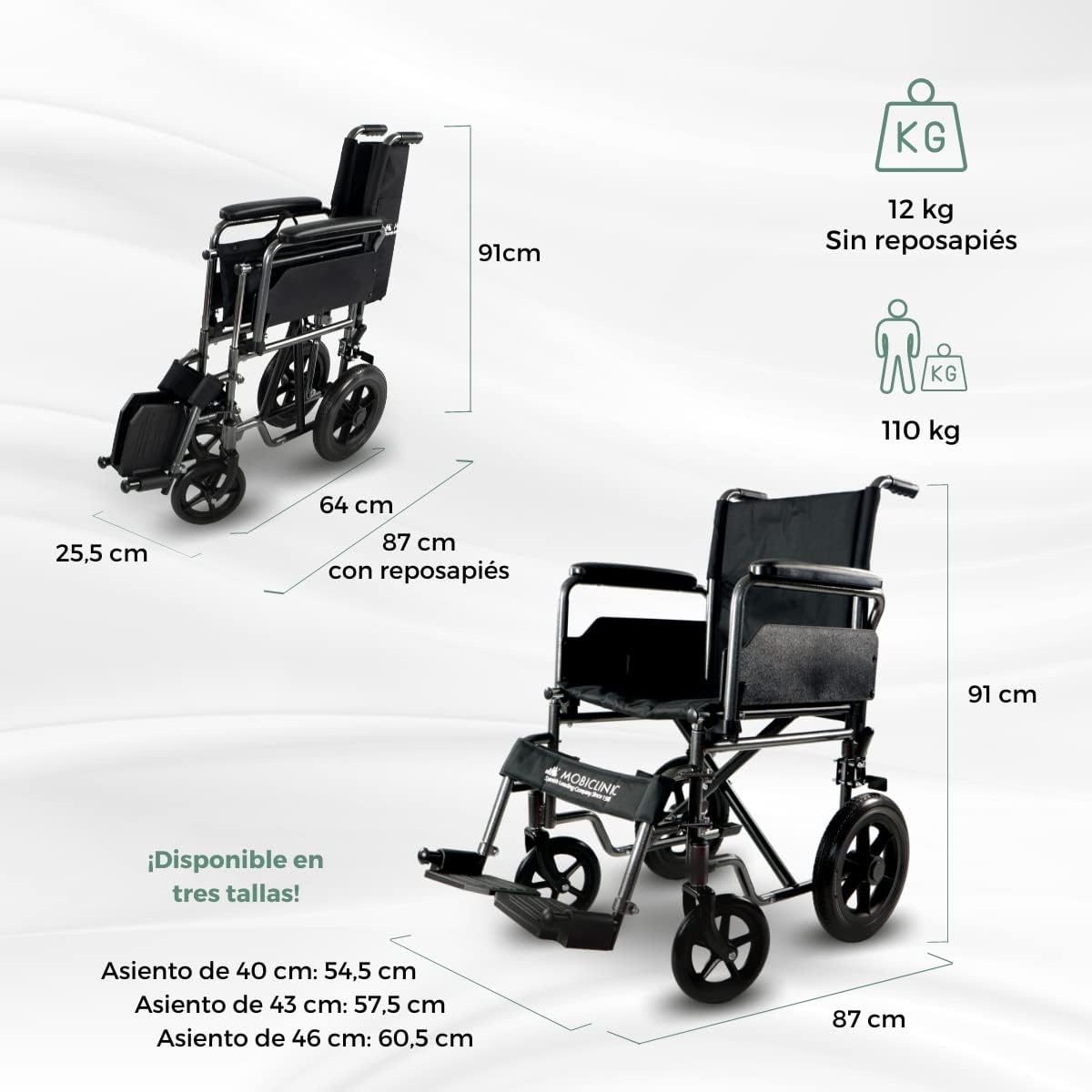 Mobiclinic, Silla de ruedas, Modelo S230, Plegable y ligera, Asiento 43 cm, Reposapiés abatibles y extraíbles, Reposabrazos acolchados y abatibles, Ruedas pequeñas, Freno de estacionamiento y de pie.