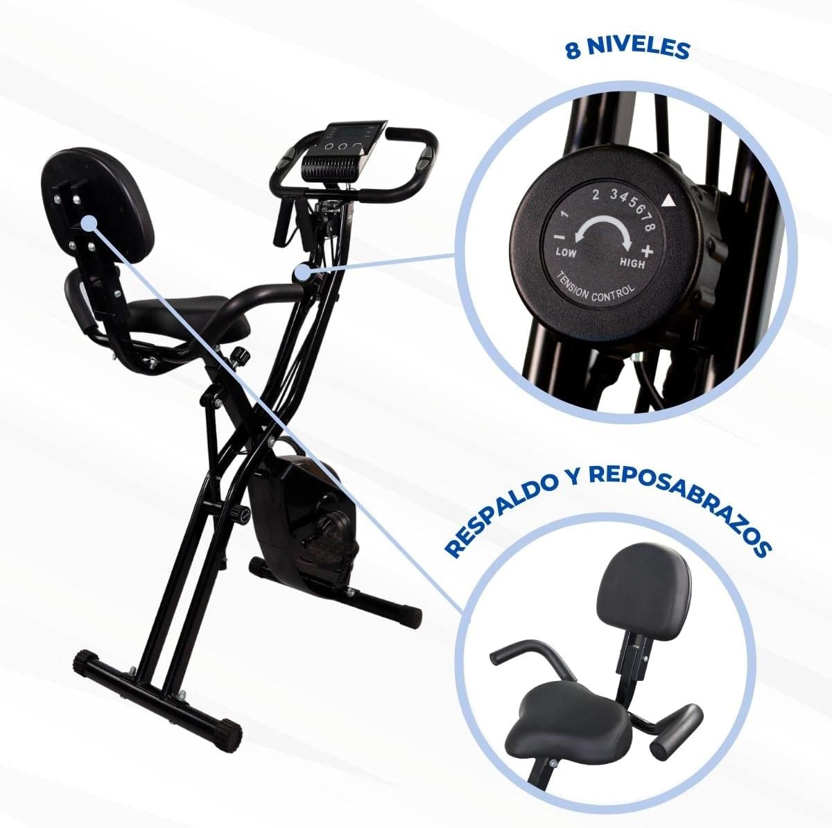 Mobiclinic Fitness, Bicicleta estática plegable + Cintas de resistencia, 2 en 1, 8 niveles, Trainer X-Bike